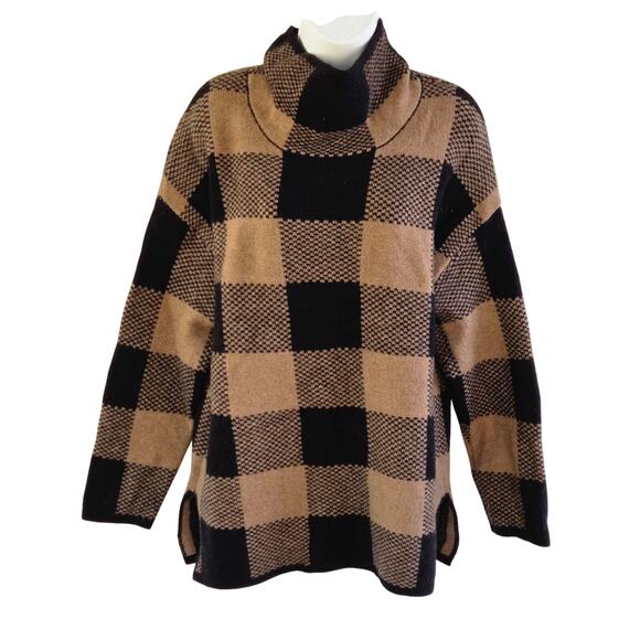Tahari Camel Black Buffalo Check Wool Blend Turtleneck Tunic L - Picture 5 of 10